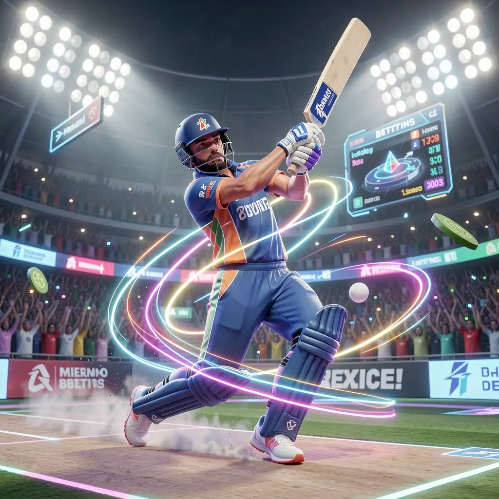 Futuristic cricket player with glowing trail running on the field highlighting fast paced sports betting on 84OK in Bangladesh